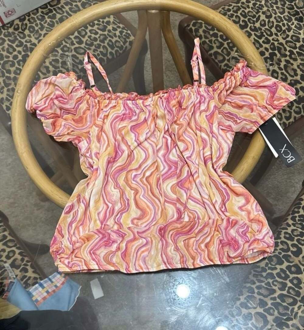 BCX Y2K LSwirl Print Off-The-Shoulder Mesh Top Size S
